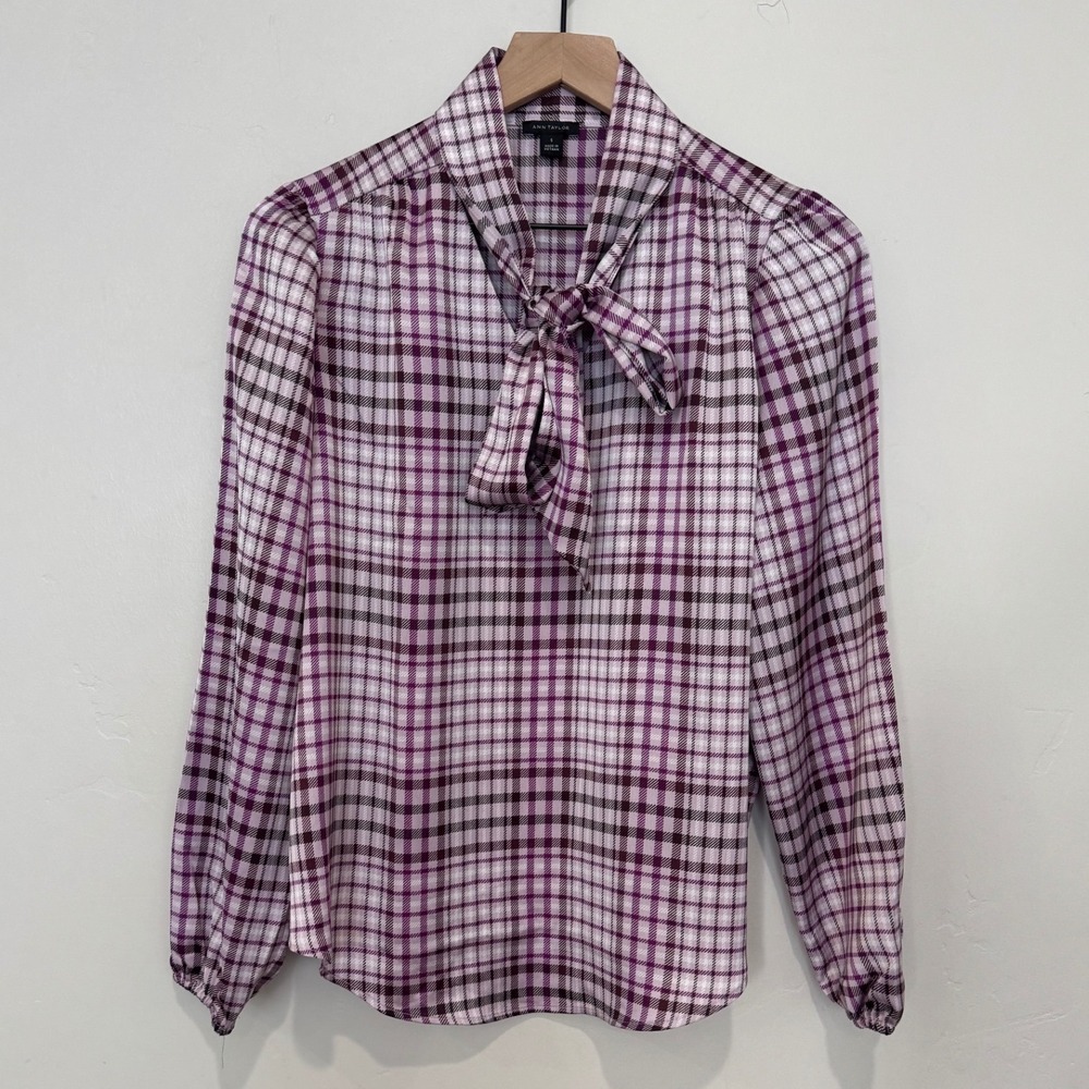 Ann Taylor Purple Plaid Tie Neck Blouse Long Sleeve Bow Top Size S Office Work - Picture 1 of 6